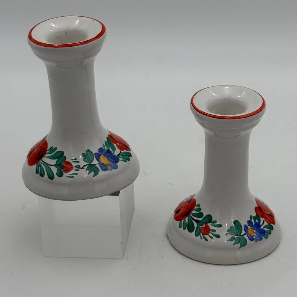 Vintage Hand Painted Hungary Folk Art Ceramic Candlestick Holders Set of 2 White